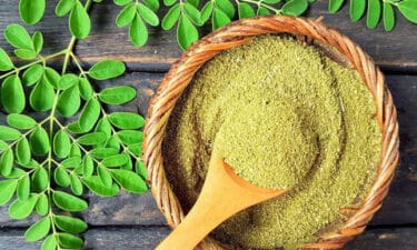 Moringa bitkisi toz olarak hasır içerisinde