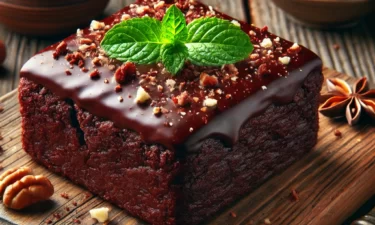 a chocolate cake with nuts and a leaf of mint on top